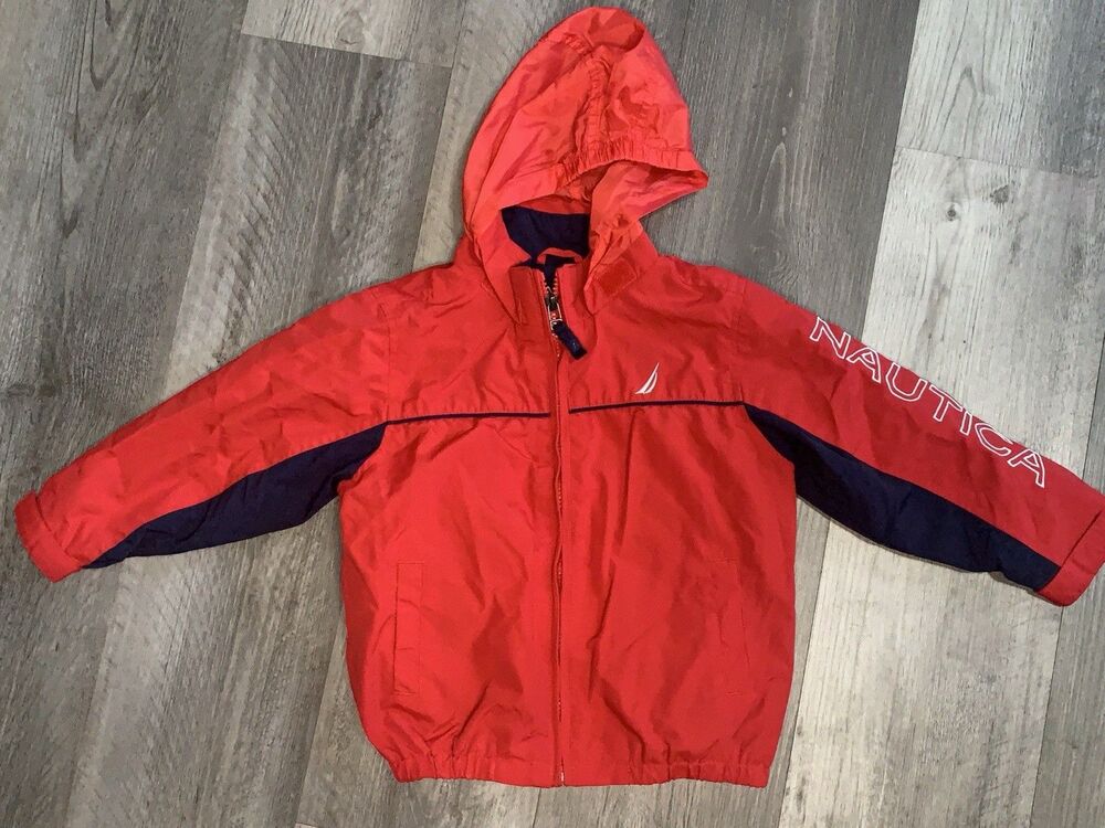 Nautica Boys Red Windbreaker Jacket Size 3T Full Zip Logo Sleeve Waterproof
